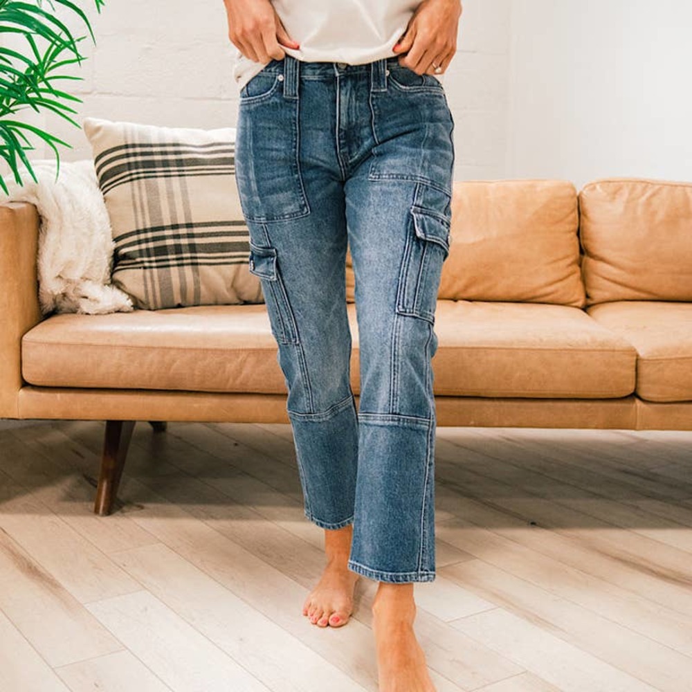 KANCAN | Avery Straight Leg Cargo Jeans NEW Size 13/30 Dark Wash Denim